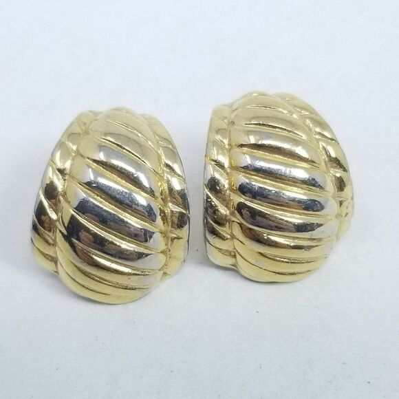Vintage Napier Gold Tone Stud Earrings, Ribbed Texture, Retro 80s 90s Style - Picture 6 of 6